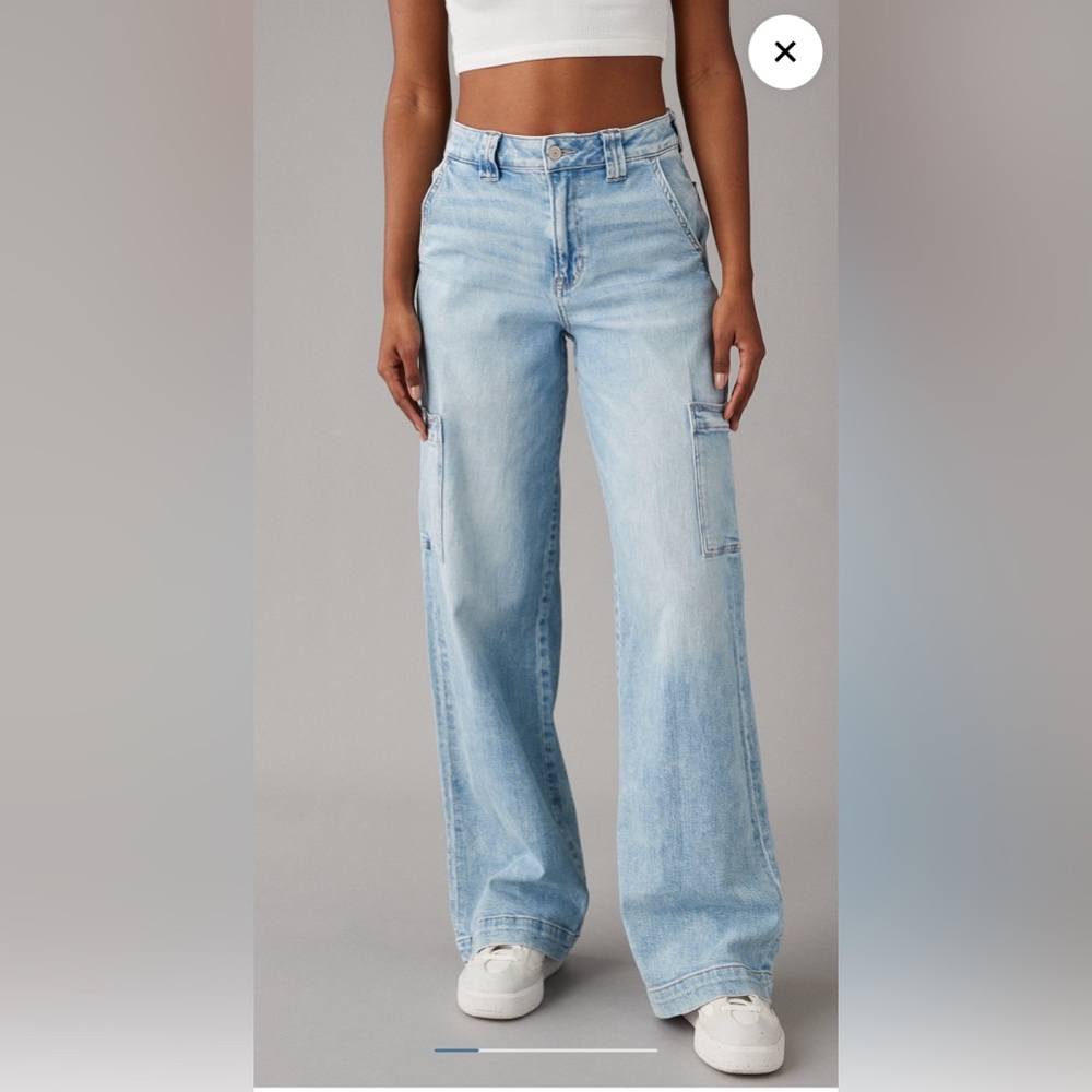 American Eagle dreamy drape stretch super high waisted cargo baggy wide leg jean